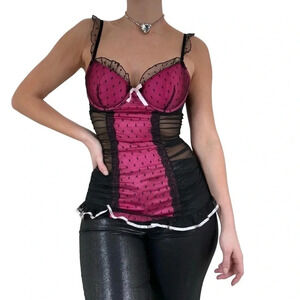 Y2K Victoria's Secret Pink/Black Polka Dot Sheer Ruffle Bustier Top